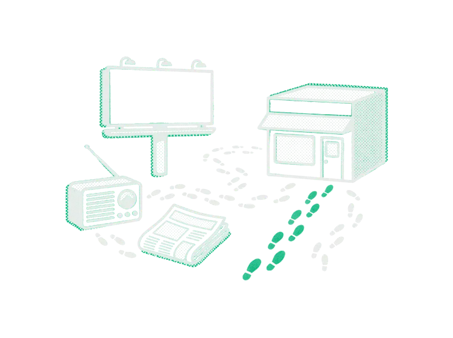 A billboard, a radio and a newspaper beside a small shop, with wandering black footprints and one clear emerald trail leading to the door