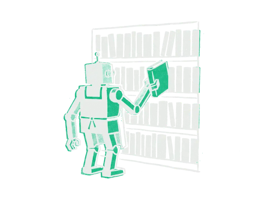 A boxy robot librarian pulling one emerald book from a shelf of black books