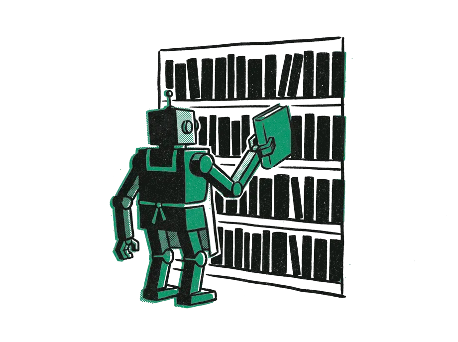 A boxy robot librarian pulling one emerald book from a shelf of black books