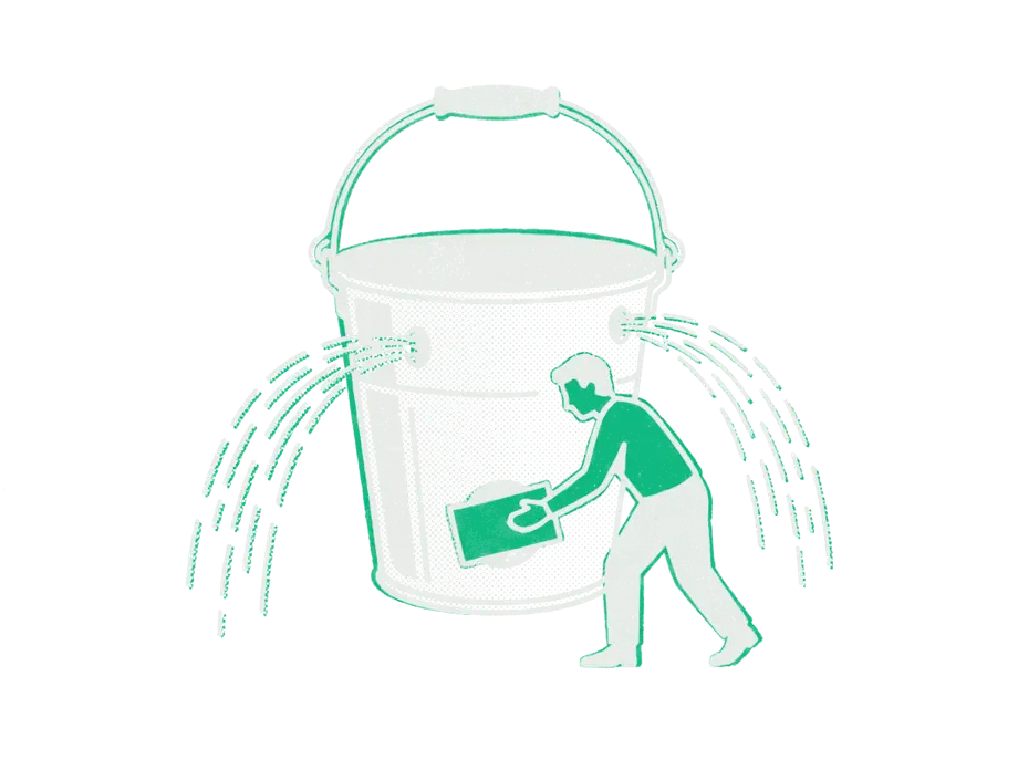 A bucket leaking water from holes in its side while a person presses an emerald patch over the lowest one