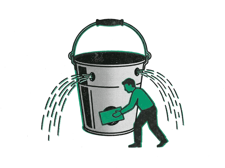 A bucket leaking water from holes in its side while a person presses an emerald patch over the lowest one