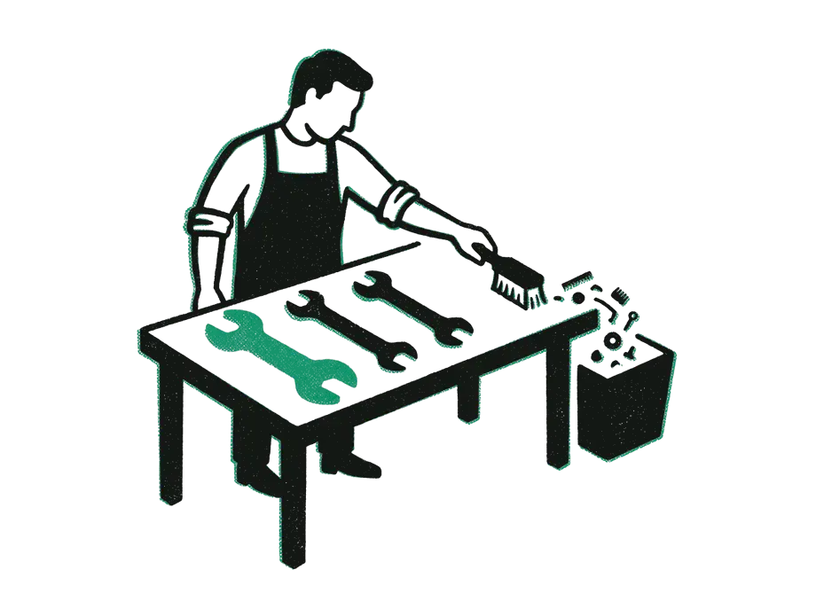 A craftsman at a workbench sweeping small trinkets into a bin, three wrenches laid in a row, the first one emerald