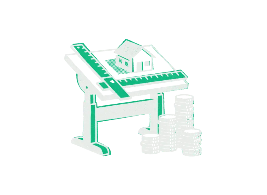 A drafting table with a model house and an emerald ruler on it, stacks of coins rising beside it