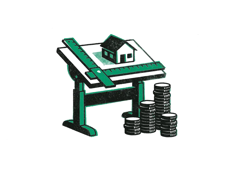 A drafting table with a model house and an emerald ruler on it, stacks of coins rising beside it