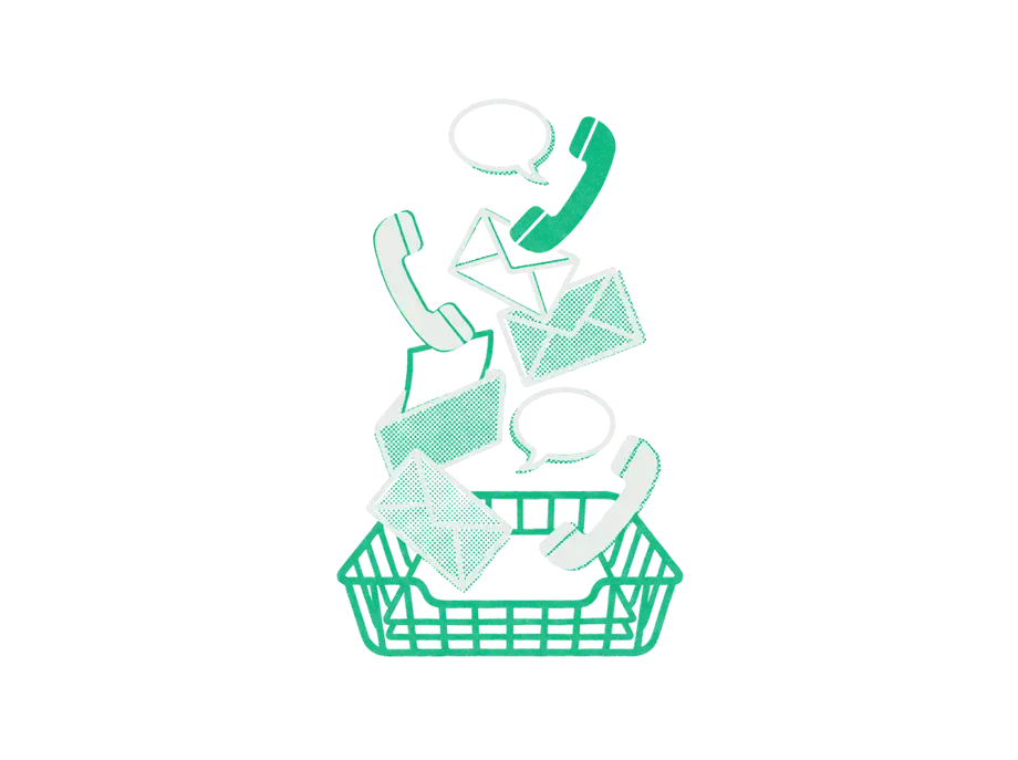 Envelopes, telephone handsets and speech bubbles falling into one emerald wire tray