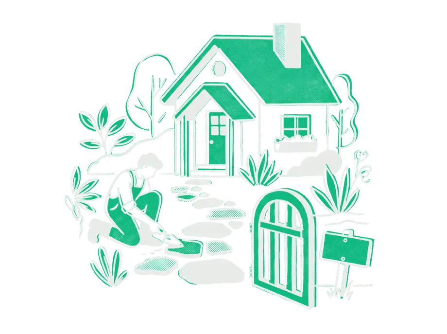 A gardener laying a stone path up to a cottage door, a small blank emerald sign by the open gate
