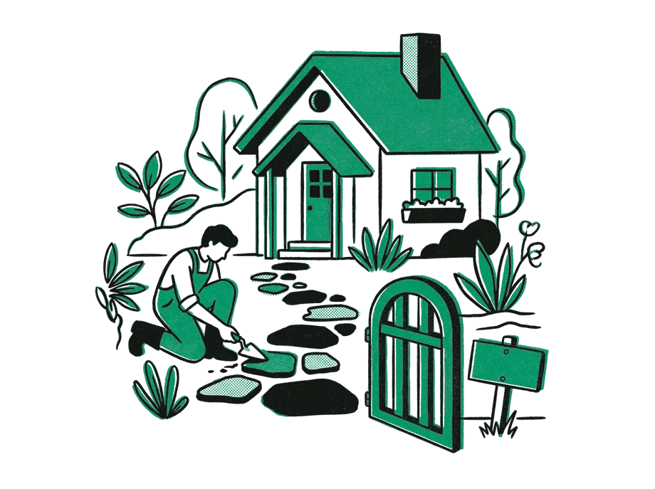 A gardener laying a stone path up to a cottage door, a small blank emerald sign by the open gate