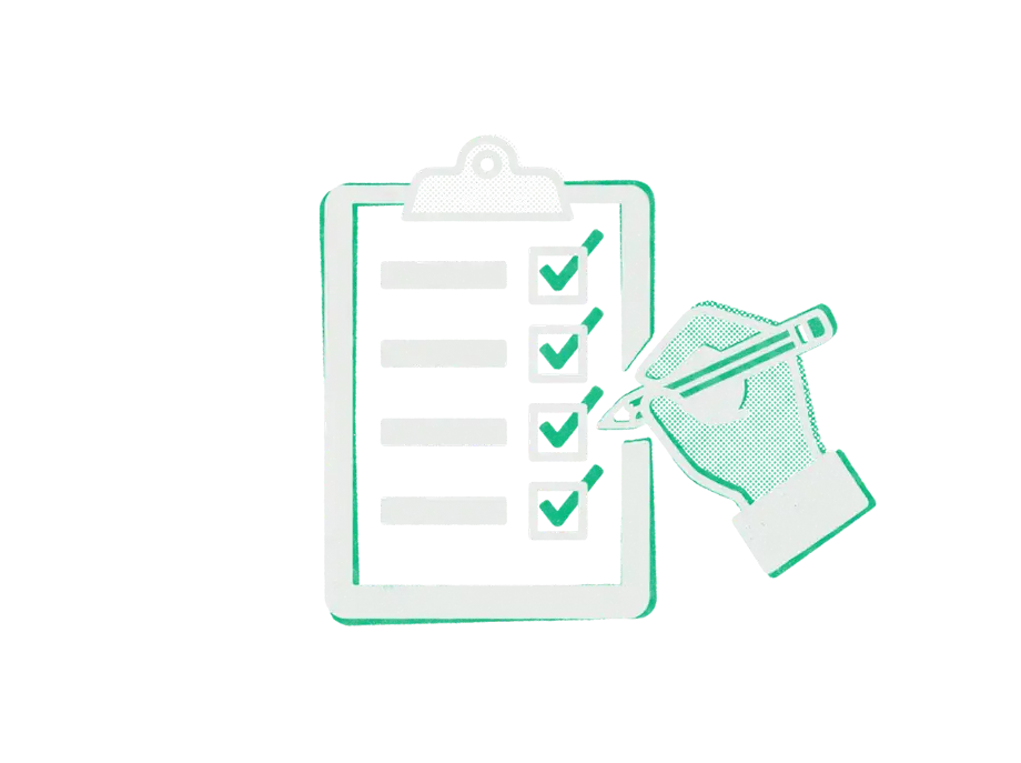 A hand with a pencil ticking boxes on a clipboard checklist with emerald check marks