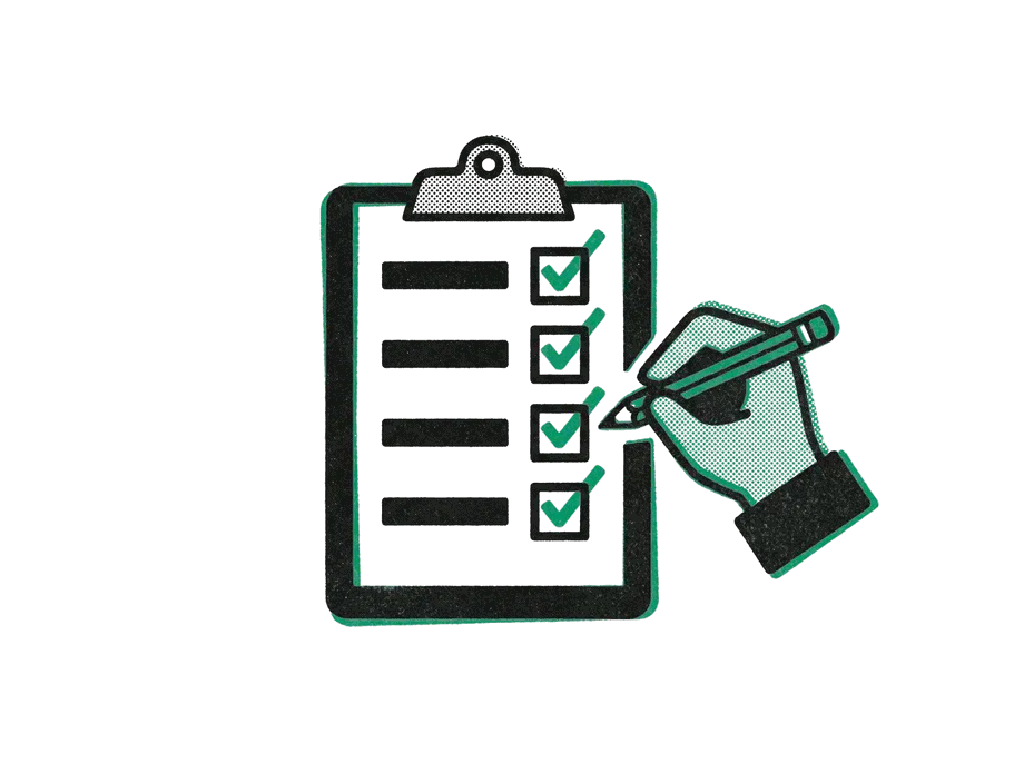 A hand with a pencil ticking boxes on a clipboard checklist with emerald check marks