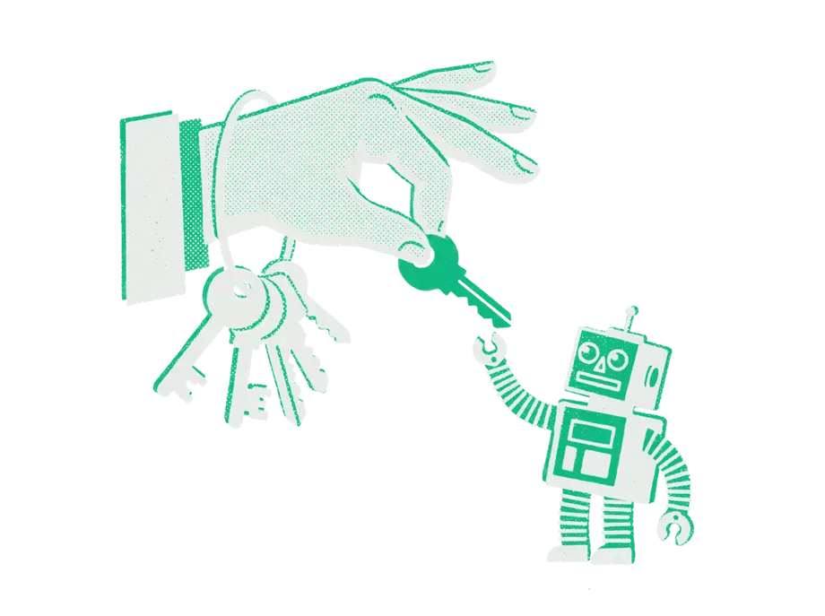 A large hand holding a ring of black keys and handing one emerald key down to a small robot