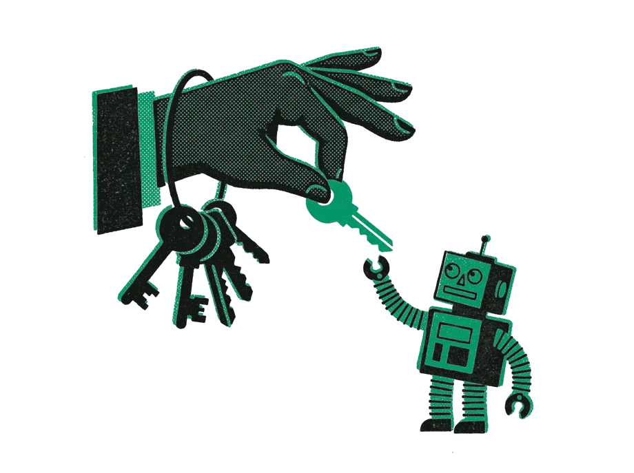 A large hand holding a ring of black keys and handing one emerald key down to a small robot
