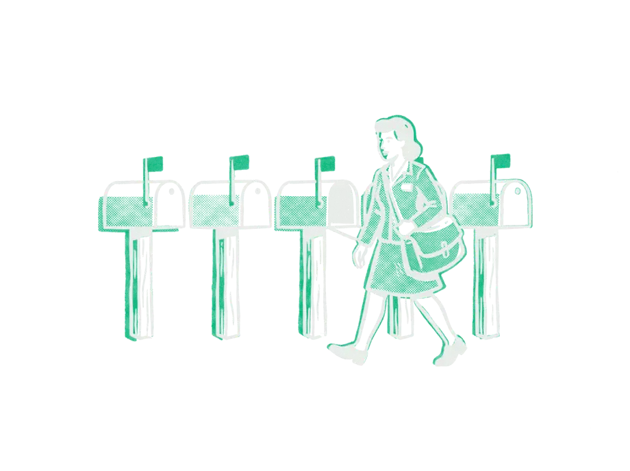 A mail carrier walking past a row of identical mailboxes, each with the same emerald flag raised