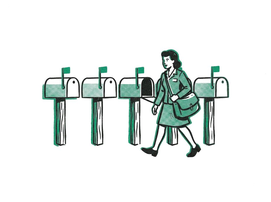 A mail carrier walking past a row of identical mailboxes, each with the same emerald flag raised