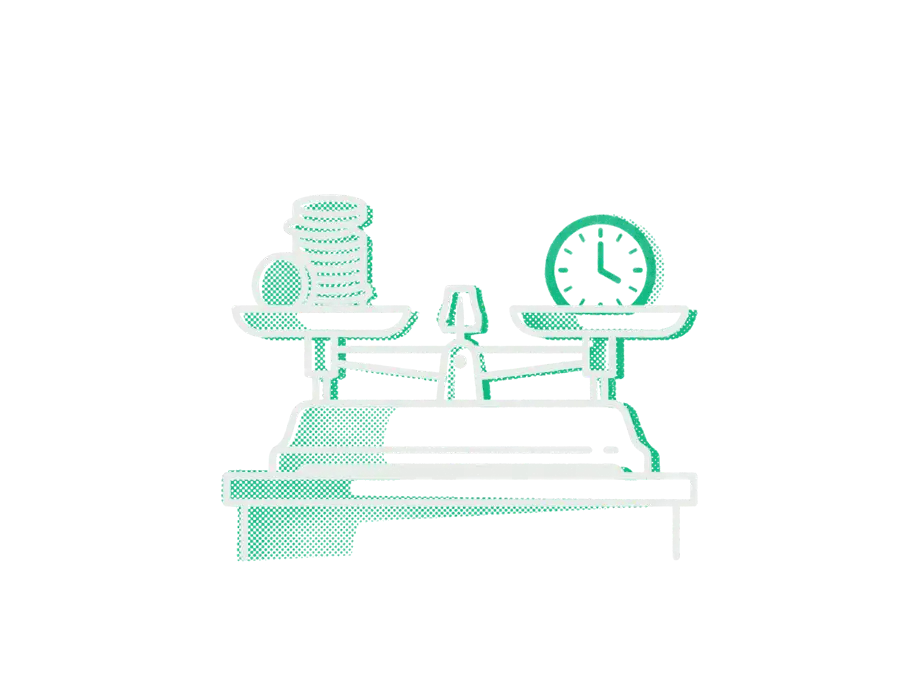 An old balance scale on a shop counter weighing a stack of coins against an emerald clock