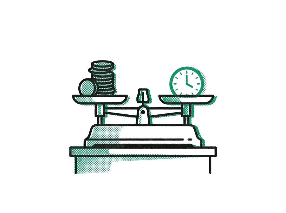An old balance scale on a shop counter weighing a stack of coins against an emerald clock