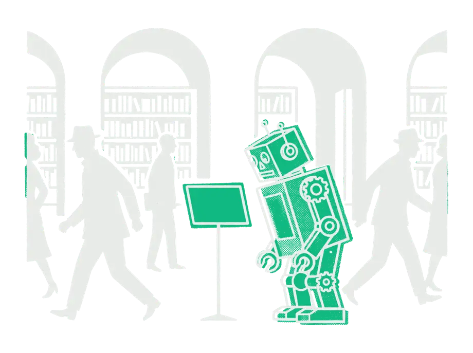 People hurry through a library hall past a blank emerald card on a stand, while one robot stops to read it