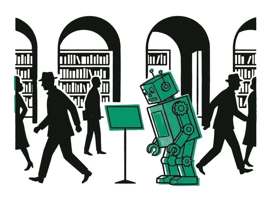 People hurry through a library hall past a blank emerald card on a stand, while one robot stops to read it