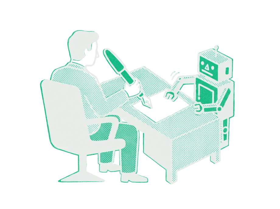 A person at a desk signing a sheet with an emerald fountain pen while a small robot holds the paper steady