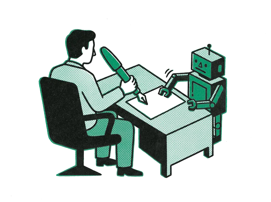 A person at a desk signing a sheet with an emerald fountain pen while a small robot holds the paper steady