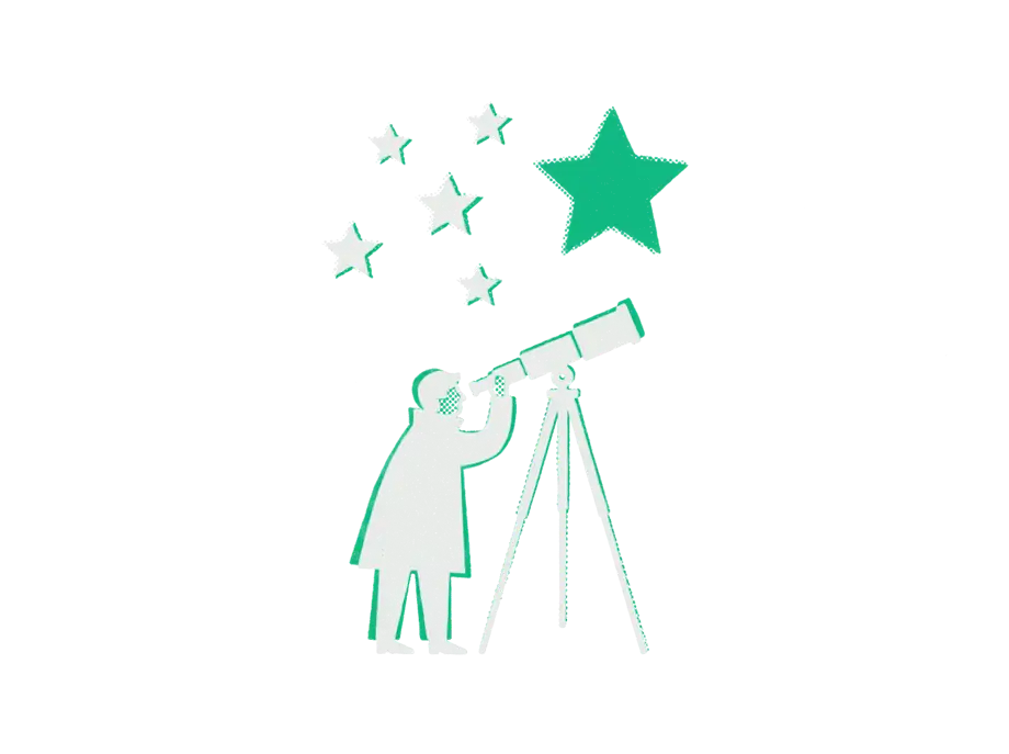 A person at a telescope looking up at a cluster of black stars and one large emerald star