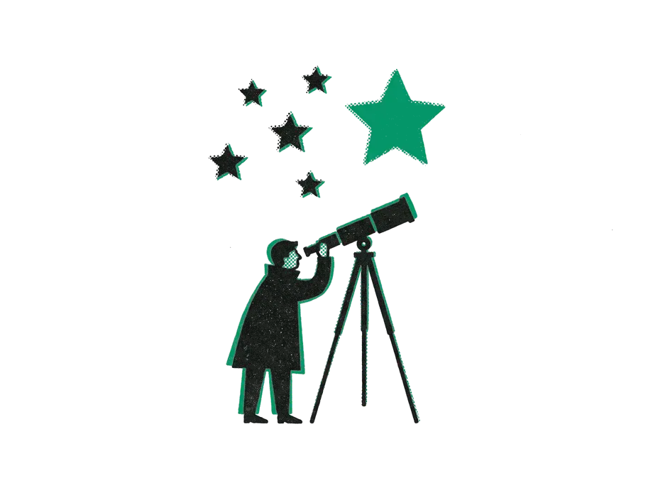 A person at a telescope looking up at a cluster of black stars and one large emerald star