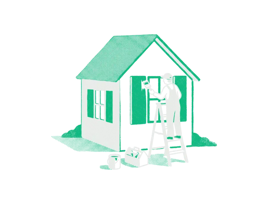 A person on a ladder repainting the shutters of a small house emerald, a paint can and toolbox on the grass
