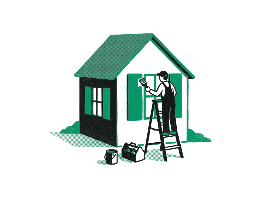 A person on a ladder repainting the shutters of a small house emerald, a paint can and toolbox on the grass