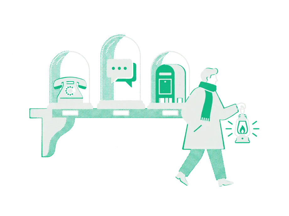 Retired objects under glass domes on a shelf, a telephone, a speech bubble and a mailbox, as a man walks past with an emerald lantern