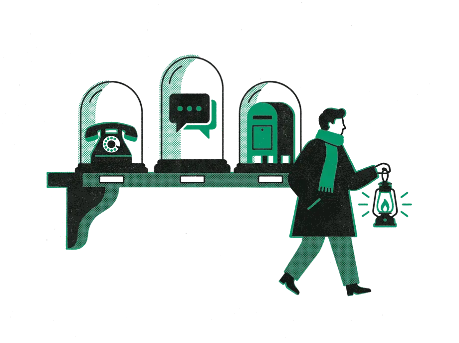 Retired objects under glass domes on a shelf, a telephone, a speech bubble and a mailbox, as a man walks past with an emerald lantern