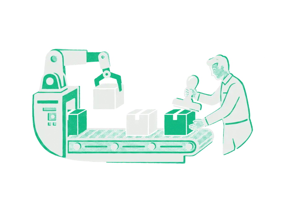 A robot arm loading boxes onto a conveyor belt and a person at the far end stamping one emerald box