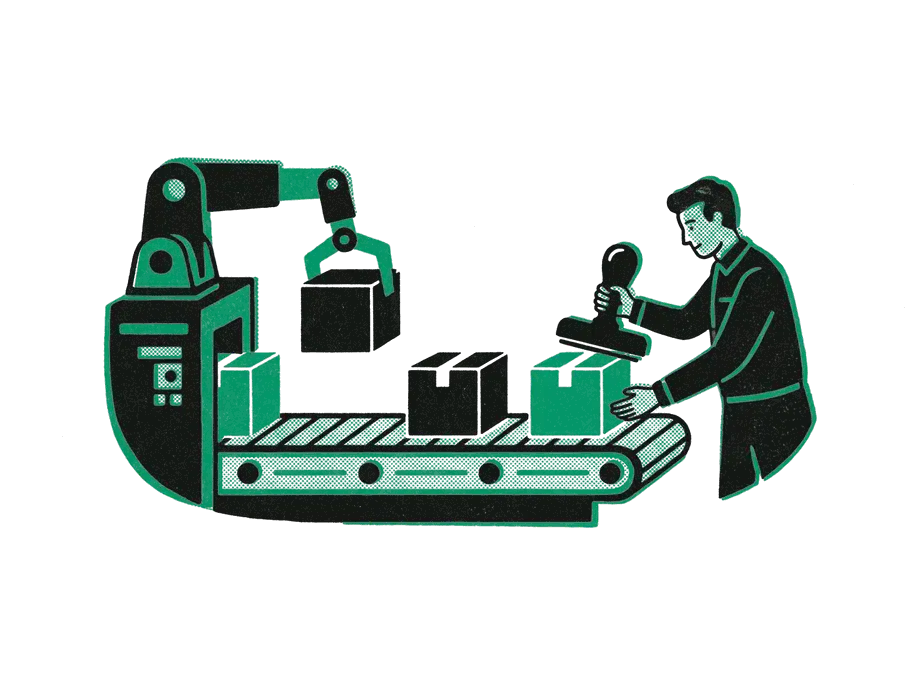 A robot arm loading boxes onto a conveyor belt and a person at the far end stamping one emerald box