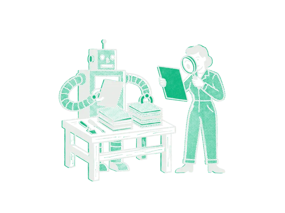 A robot sorting a tall pile of papers at a workbench while a person inspects one emerald sheet with a magnifying glass