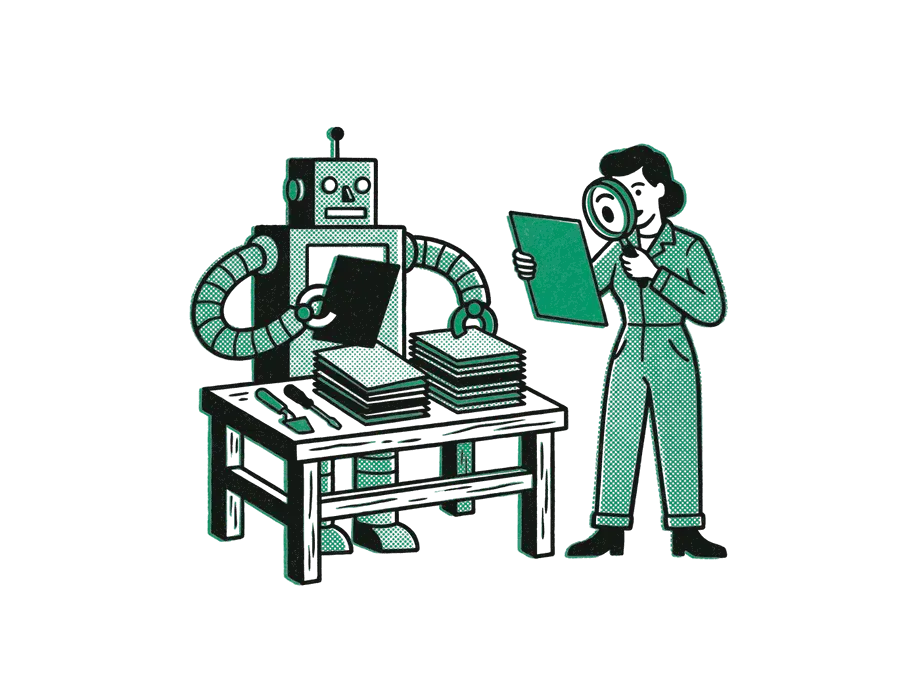 A robot sorting a tall pile of papers at a workbench while a person inspects one emerald sheet with a magnifying glass