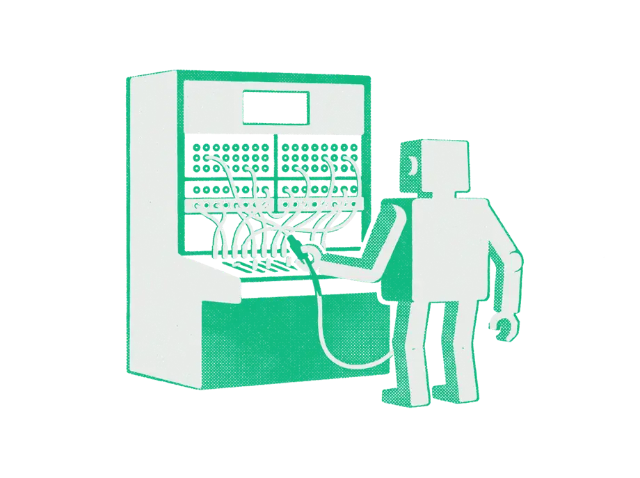 A small robot plugging one emerald cable into an old telephone switchboard