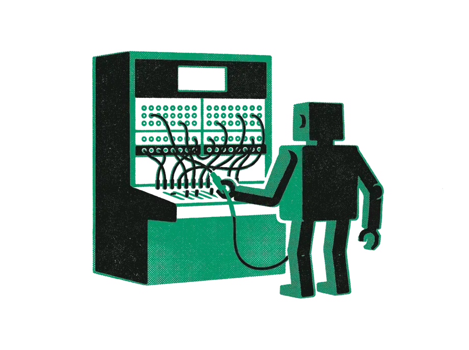 A small robot plugging one emerald cable into an old telephone switchboard
