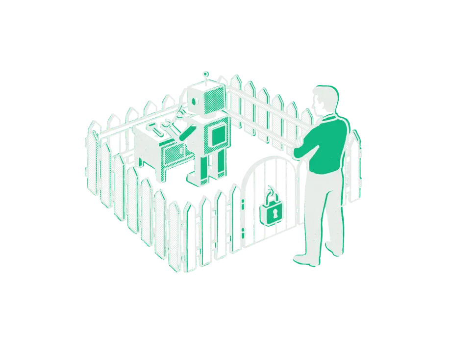 A small robot working at a bench inside a fenced yard, the gate shut with an emerald padlock and a person watching from outside