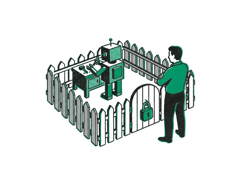 A small robot working at a bench inside a fenced yard, the gate shut with an emerald padlock and a person watching from outside