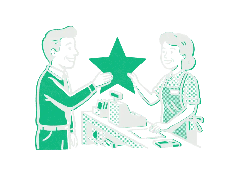 A smiling customer handing a large emerald star across a shop counter to a shopkeeper in an apron