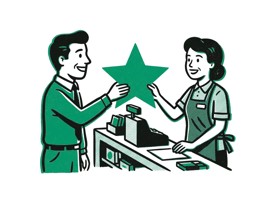 A smiling customer handing a large emerald star across a shop counter to a shopkeeper in an apron