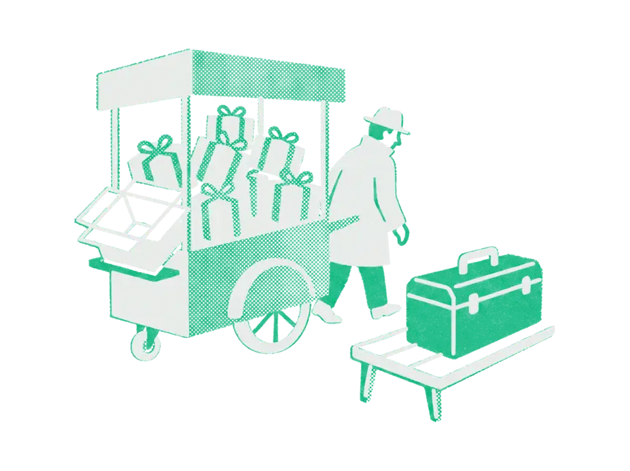 A street cart piled with identical bargain gift boxes, one tipped open and empty, as a customer walks past to an emerald toolbox