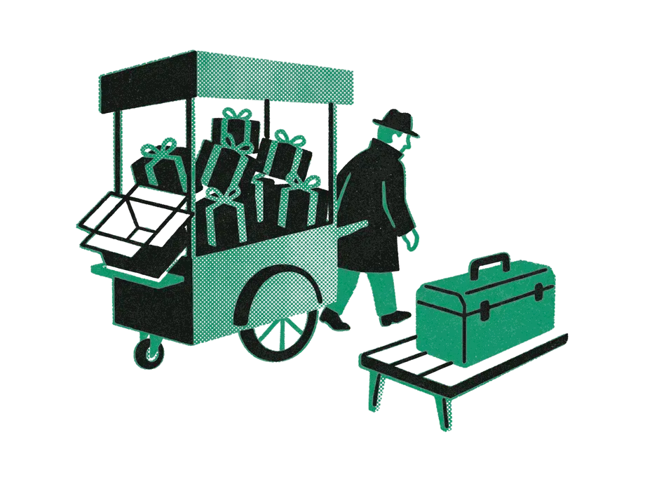 A street cart piled with identical bargain gift boxes, one tipped open and empty, as a customer walks past to an emerald toolbox