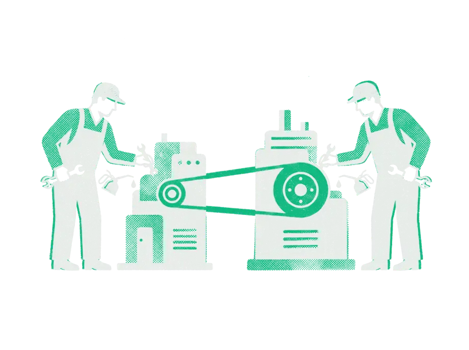 Two mechanics each servicing a separate machine, the two machines joined by one emerald drive belt