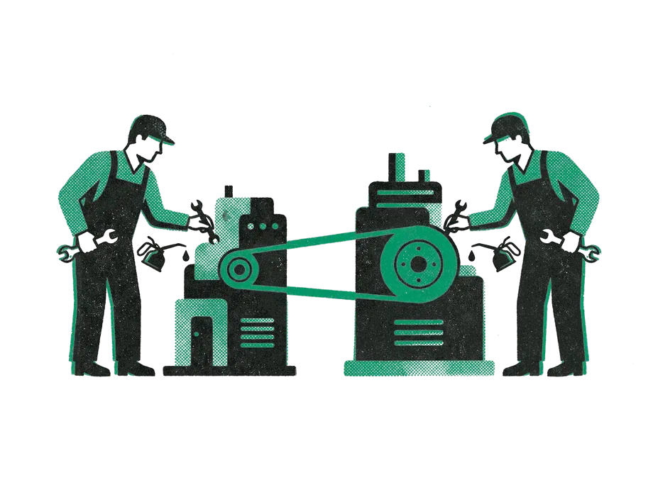 Two mechanics each servicing a separate machine, the two machines joined by one emerald drive belt