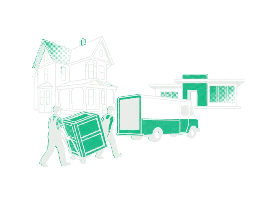 Two movers wheeling an emerald crate from an old house to a small modern one, a moving van between them