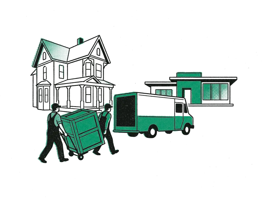 Two movers wheeling an emerald crate from an old house to a small modern one, a moving van between them