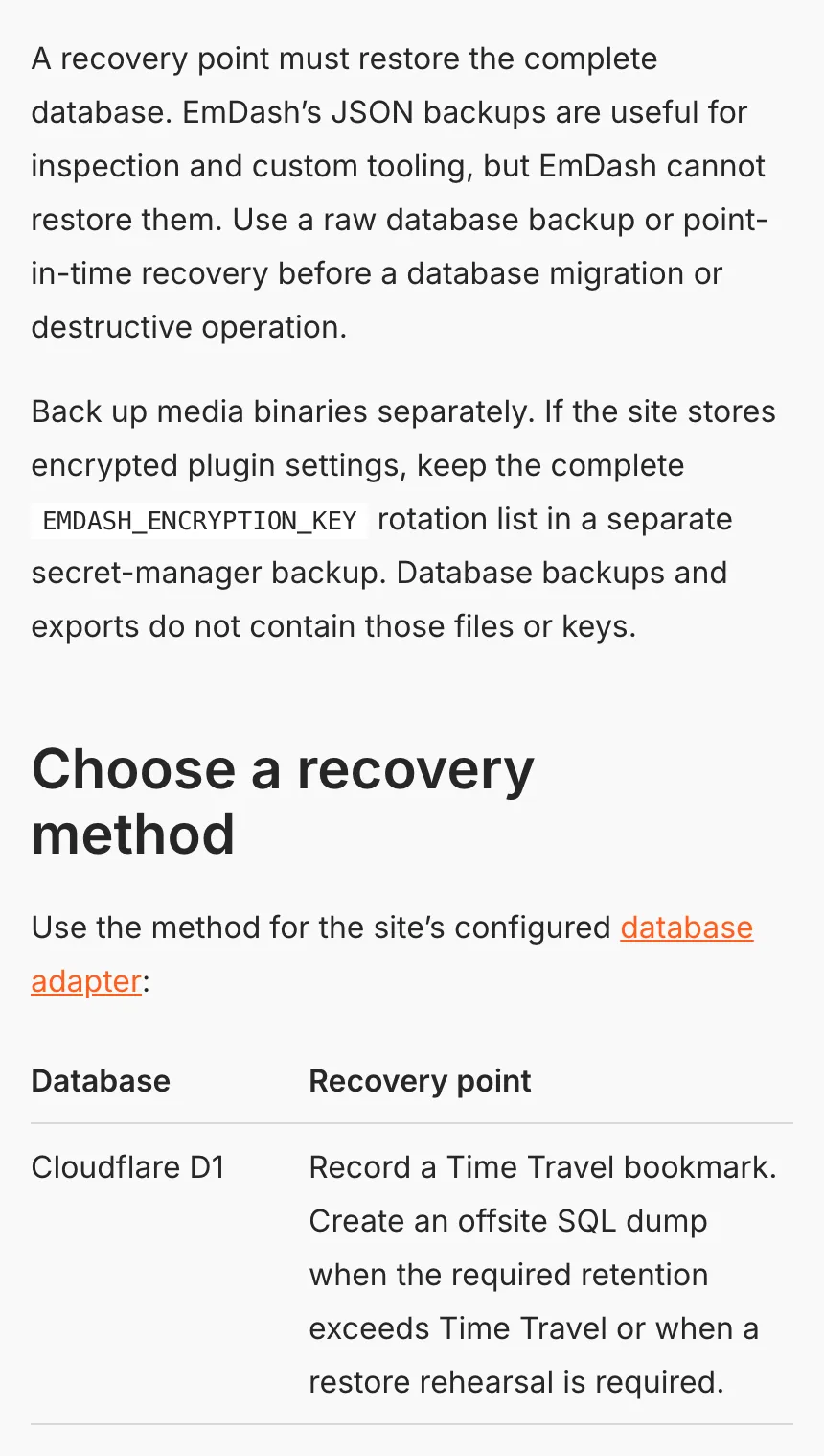 EmDash backup guide: JSON backups cannot be restored; use a database backup or point-in-time recovery, on D1 a Time Travel bookmark