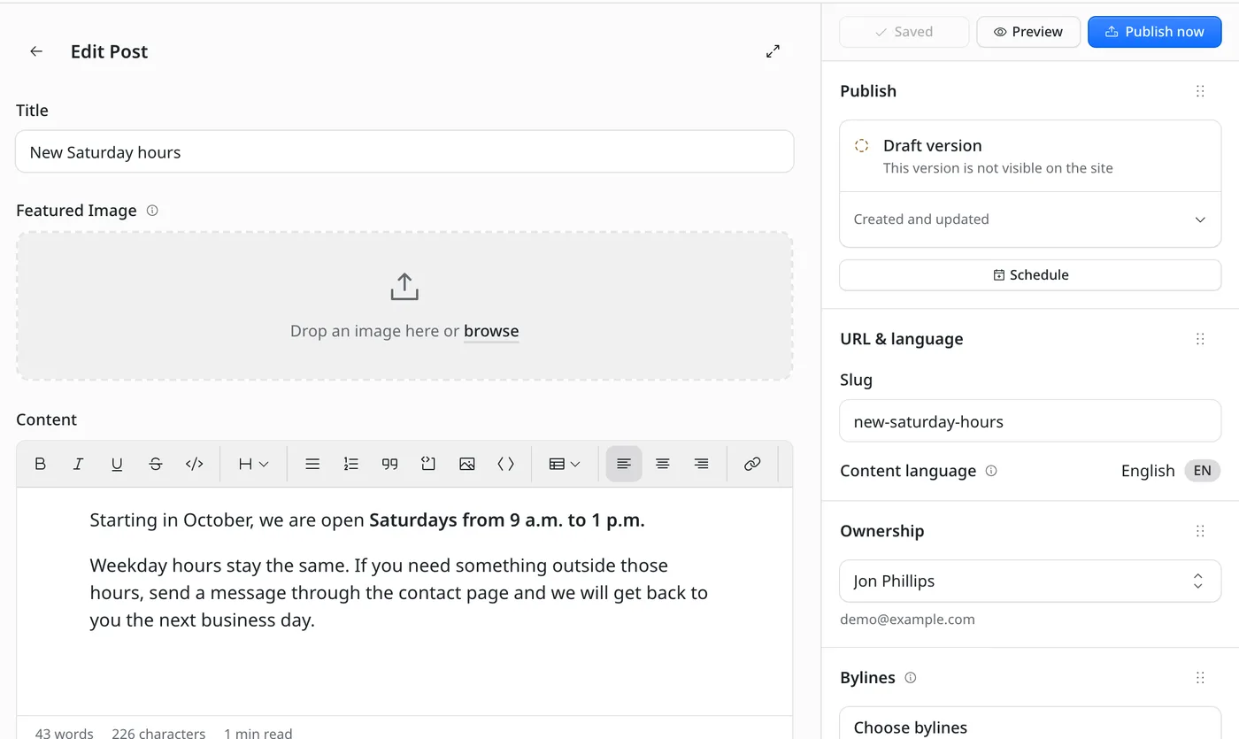 EmDash editor showing the agent's draft New Saturday hours, marked not visible on the site, with a Publish now button