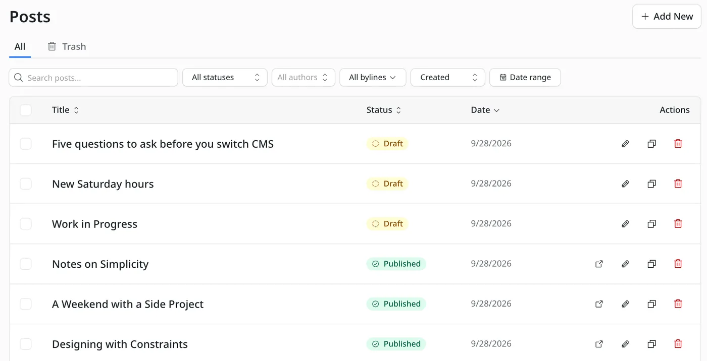 EmDash Posts list with two agent-written drafts at the top: New Saturday hours and Five questions to ask before you switch CMS