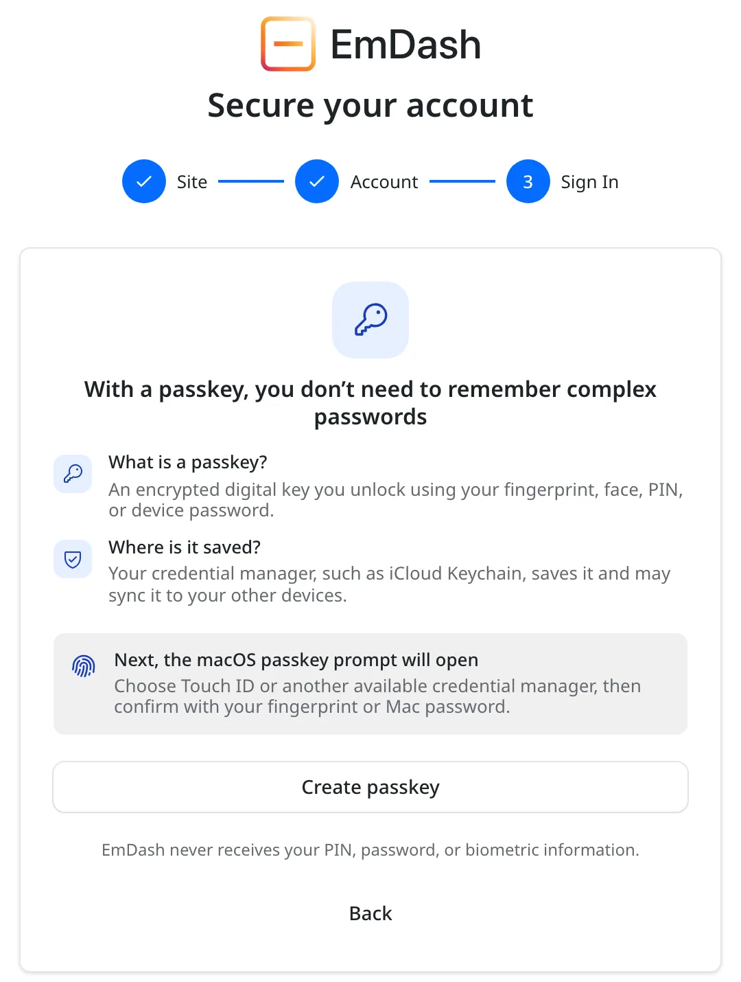 EmDash setup screen titled Secure your account, asking the new site owner to create a passkey instead of a password