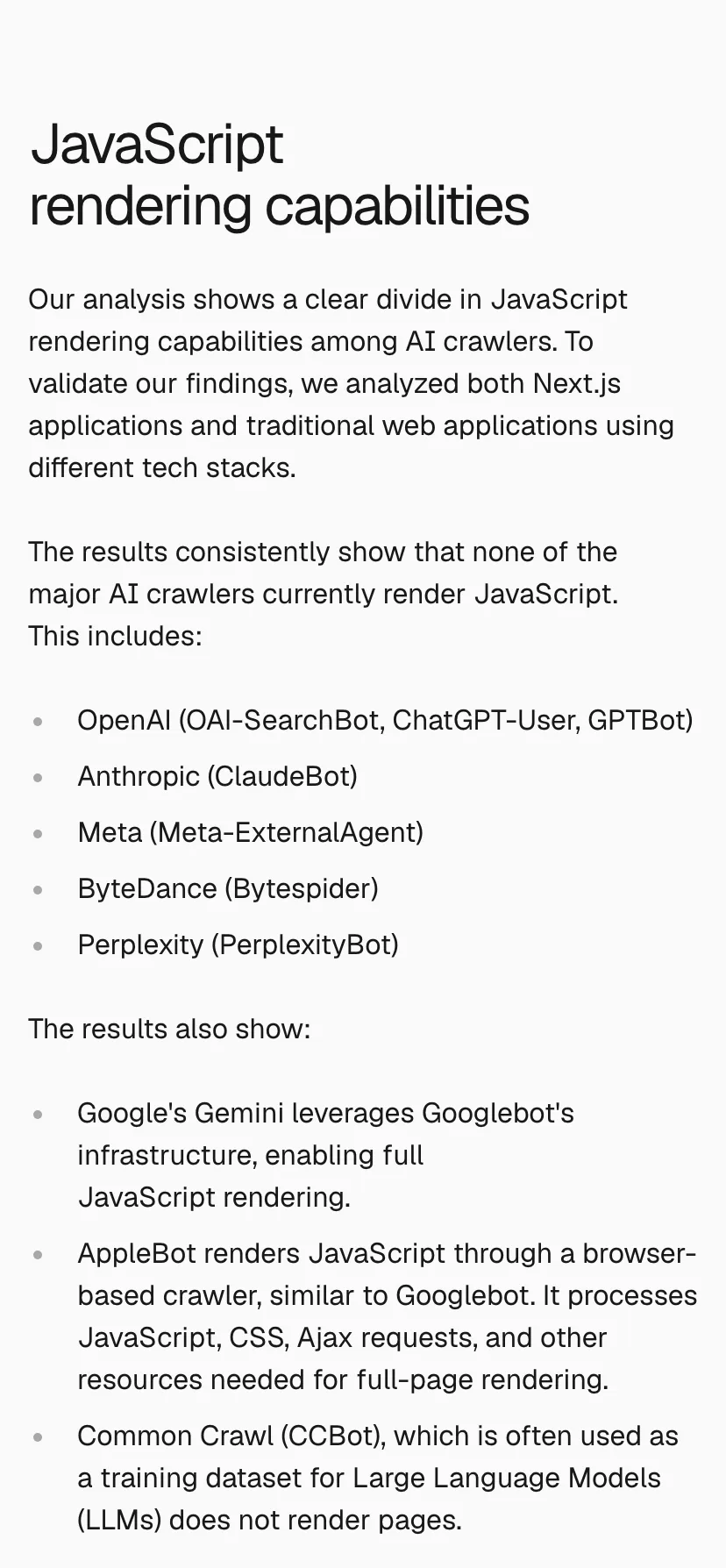 Vercel's crawler study: OpenAI, Anthropic, Meta, ByteDance and Perplexity crawlers don't render JavaScript; Gemini and AppleBot do